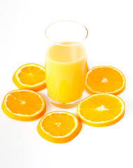 slices of orange and orange juice on white