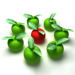 3d render of a red apple surrounded by green apples