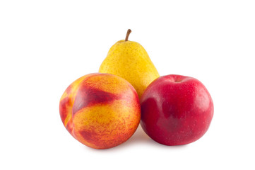 Peach apple pear isolated on white background.