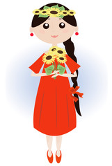 Girl with sunflowers in the red dress