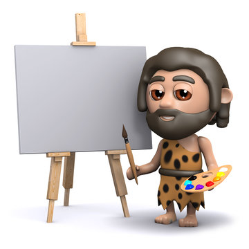 3d Caveman artist with easel