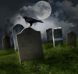 Cemetery with old gravestones and moon - 26750927