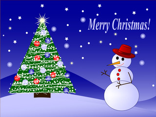 vector snowman and fir tree