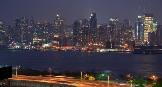 vibrant new york cityscape skyline at night time