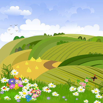 Rural landscape with flower meadow