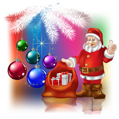 Santa Claus with christmas gifts on a colored background