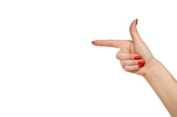 Woman hand pointing direction isolated on white background