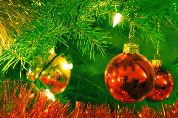 Beautiful christmas baubles hanging on the tree