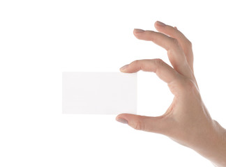 Obraz premium Blank visit card in female hand on white background