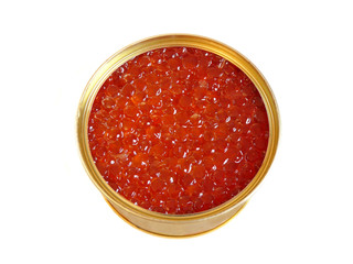 Open a bank with red caviar, isolated on white