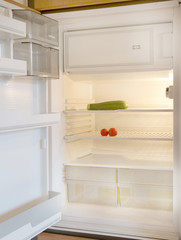 Empty fridge, Kühlschrank, leer, Hochformat, Textraum, copy space