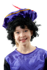 Little girl dressed as black pete over white background