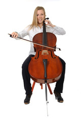 Young cellist playing on cello on white background