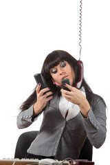 Businesswoman speak by four phones