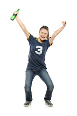 Full length portrait of a happy female sport fan with a beer in