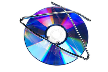 DVD with glasses on white background
