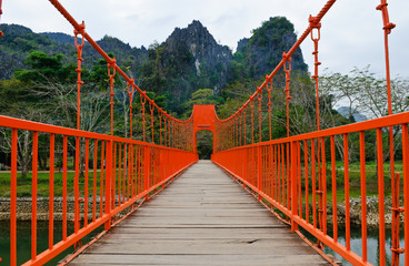 Red bridge over song river, vang vieng, laos