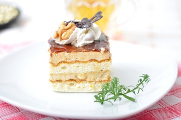 Chocolate dessert with tea and napkin