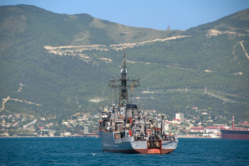 Ship against the wooded mountains