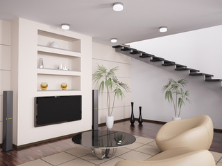 Wohnzimmer mit LCD und sessel interior 3d render