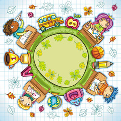 Colorful round composition, with cute schoolchildren