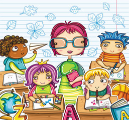 Teacher and cute children in the classroom.