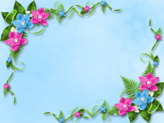 Card for invitation or congratulation with blue and pink orchids