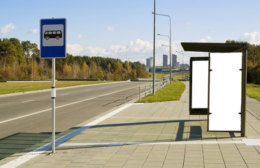 Bus stop on a high-speed  highway  near to a megacity