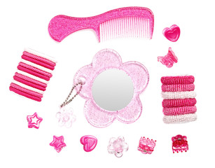 Childish pink hairstyle accessories collection isolated on white