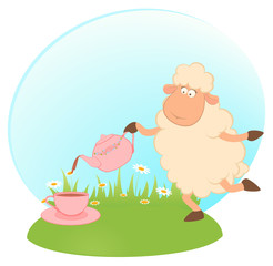 cartoon sheep pours tea from a tea-pot in a cup
