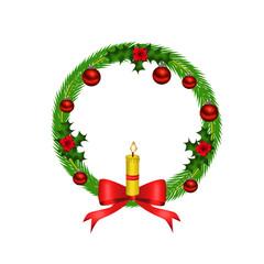 Beautiful Christmas wreath with red ribbon and yellow candle