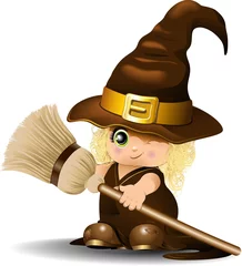 Photo sur Plexiglas Dessiner Strega Bambina con Scopa-Halloween Baby Witch-Vector