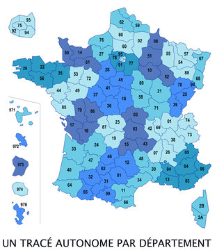 Départements Français + n° (Mayotte inclu) - Tracés autonomes
