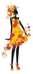 Crédence de cuisine en verre imprimé Femme fleurs Silhouette de femme avec des feuilles d& 39 automne