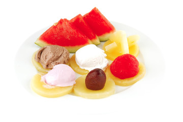 plate mix with fruits and ice cream