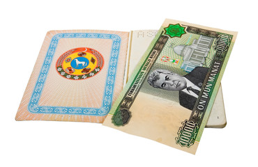 Turkmenistan passport and money on white background