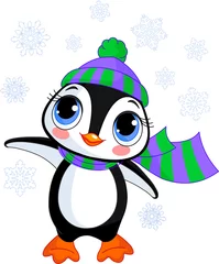 Gordijnen Cute winter penguin with hat and scarf © Anna Velichkovsky