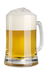 Alcohol light beer mug with froth isolated over white