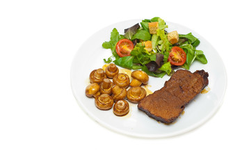 roastbeef slice, mushrooms and salad isolated