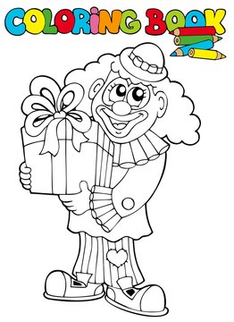Coloring book with clown and gift