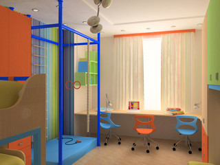 Corner of Child`s bedroom with colorful furniture