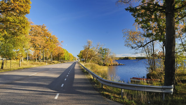 Autumn road next to the lake