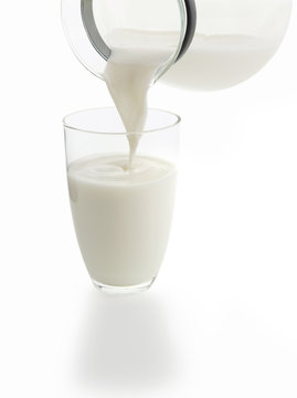 pouring a glass of milk (isolated on white background)