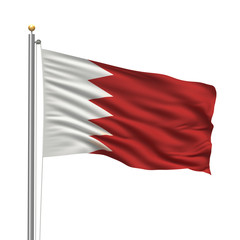 Flag of Bahrain waving in the wind in front of white background
