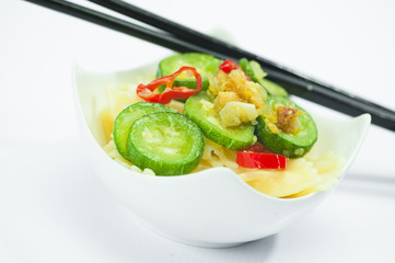 Vegetarian pasta in a white bowl