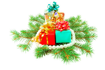christmas gifts on fur-tree branches