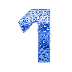 Blue ice alphabet symbol - digit 0. Water drops on glossy metal