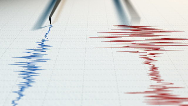 Seismograph with two arrows drawing with red and blue ink.