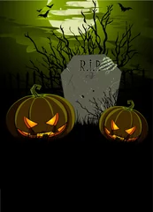 Fotobehang Halloween Tombstone and Pumpkins © Anna Velichkovsky