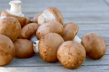 Brown mushrooms lying on a wooden table